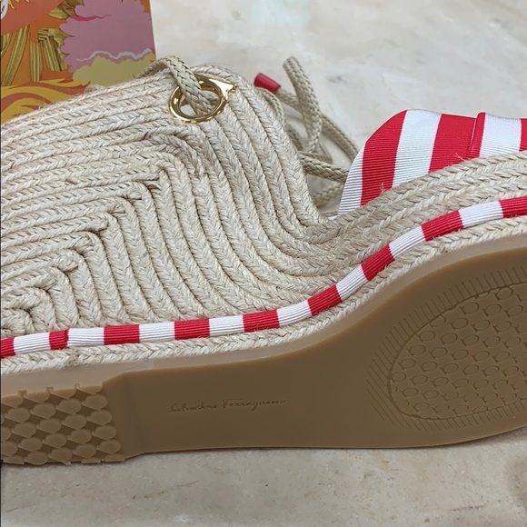 SALVATORE FERRAGAMO RED WHITE STRIPED FABRIC JUTE ESPADRILLES W/CALF LEATHER 8.5 - Picture 11 of 14